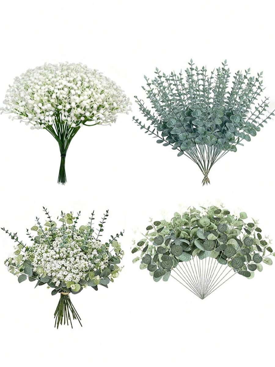15/30/60 Pcs 3 Kinds Babys Breath Mixed Eucalyptus Leaves Artificial Flowers For Wedding Vase Bouquet Floral Arrangement Decor Gifts Birthday Graduation,Fake Plants