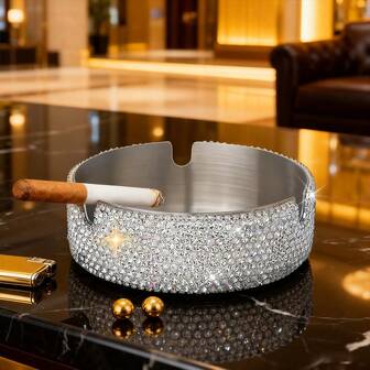 1pc White/Pink/Purple/Colorful/Black Rhinestone Stainless Steel Ashtray, Multi-Functional Home Office Sparkling Crystal Ashtray, Windproof Anti-Drop Ashtray, Suitable For Home, Internet Cafe, Bar, Car Interior Decor, Valentine's Day Gift For Men And Women