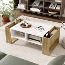 Modern Coffee Table 105 X 60 X 40 Cm - Partially High Gloss, With Drawers And Open Compartments - Wood Color+White - View 4