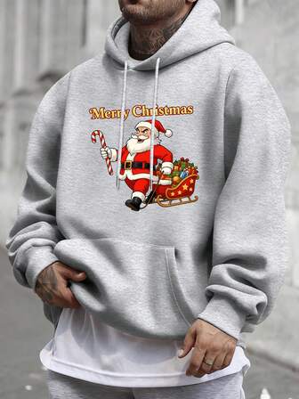 1 st plusstorlek herrtröja med jultomtetryck och fodrad huva, lämplig för jul och vardagsbruk, höst/vinter