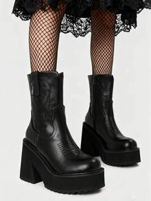 Punk Gothic Women Combat Boots Chunky High Heel Embroidery Platform Ankle Shoes Cool Fashion Stylish Design Y2K Cosplay Girls Boots - màu đen - Xem 3
