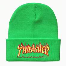 1pc Fashion Flame Letter Embroidered Knitted Hat Unisex Beanie Cold Hat Unisex, Autumn Winter Warm Knitted Hat, Lightweight And Warm Outdoor Hat Men And Women,Valentine's Day Couple's Accessories, Beanie - 螢光綠 - 查看 4