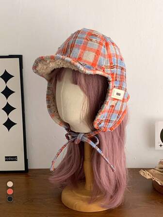 หมวก Ushanka ลายสก๊อตขนแกะเทียม, หมวกนักบินเอียร์มัฟมีสไตล์สำหรับผู้หญิง, หมวกบอมเบอร์ผ้าฟลีซลายสก๊อตอบอุ่นสำหรับผู้ชาย, หมวกเบสบอลผ้ากำมะหยี่ลายสก๊อตสไตล์สตรีทแฟชั่นสำหรับผู้หญิงในฤดูใบไม้ร่วง/ฤดูหนาว