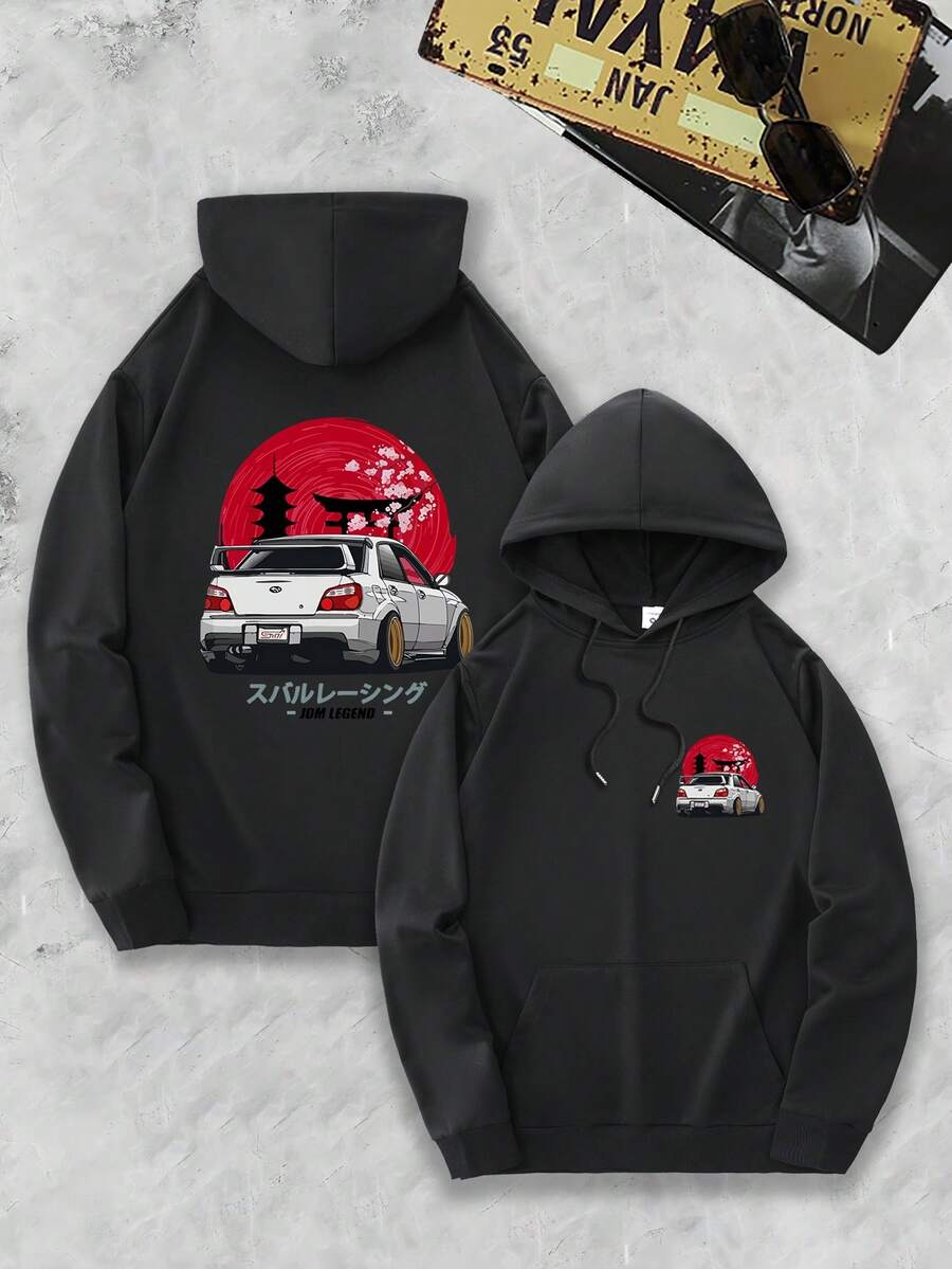 Japanese Style Racing Car With Red Sun And Shrine Background Men's Hoodie Fleece Lined For Warmth Anime Print Design Lazy Casual Campus Style - 黑色 - 查看 1