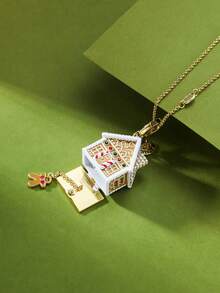 1pc Fashionable & Elegant Enamel Glazed Cubic Zirconia Openable Candy Snow House Christmas Ornament Gingerbread House Pendant Necklace, Suitable For Women's Sweet & Graceful Party Jewelry, Bag, Keychain Pendant, Christmas Gift