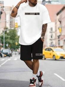 Conjunto de 2 piezas para Hombre con Estampado: Camiseta de Cuello Redondo y Manga Corta y Shorts Cómodos - Blanco - Ver 2
