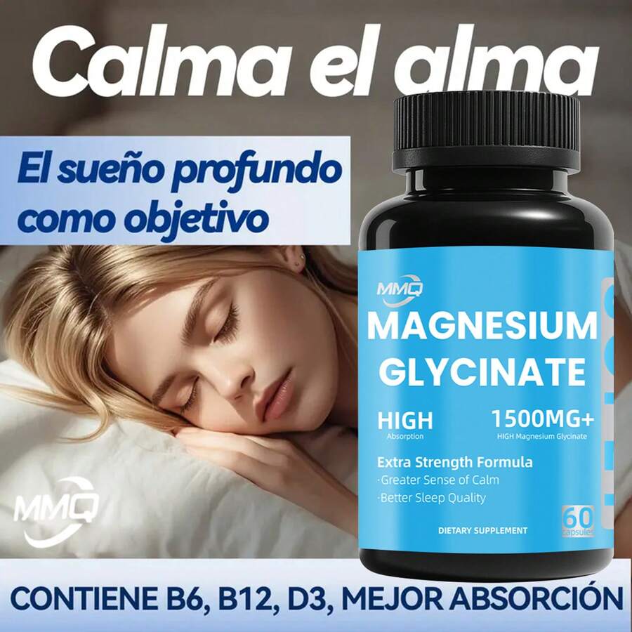 MMQ Glicinato de magnesio 1500 mg con vitaminas B6 y D3 | Fórmula de alta absorción para el sueño, la calma, la relajación muscular, los calambres en piernas y pies, el metabolismo, la salud cardíaca, los huesos y los nervios | 60 cápsulas - Otros - Ver 1