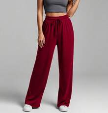 Wide Leg Pants With Flare Leg, Sophisticated Fit, Structured Style, High , Contemporary, Casual, Comfortable, Modern, Chic - 紅色 - 查看 15