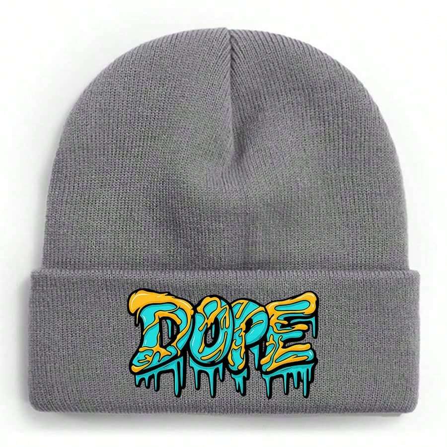 Abstract Graffiti Style Text 'DOPE' With Dripping Effect On Dark Background Winter Beanie For Men Women Soft Warm Knit Hat Ski Stocking Cuffed Cap - 灰色 - 查看 1