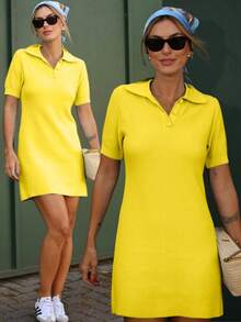 Women's Midi Dress, Short Polo Collar, Modal Knit, Short Sleeves, V-Neck, Buttons, Summer , Light Colors, Candy Colors, Pastel Shades, Christmas, New Year's, Parties - 黃色 - 查看 1