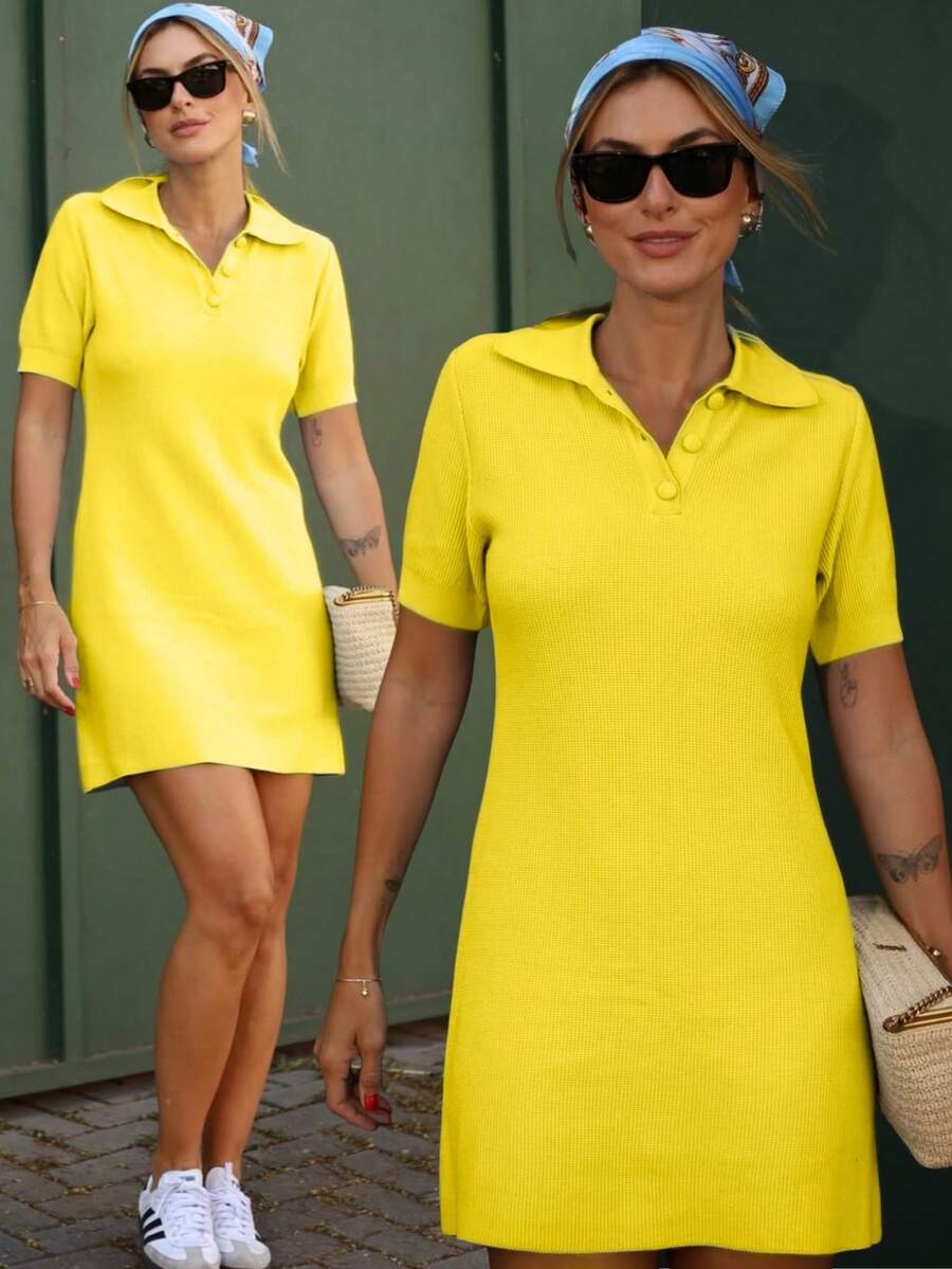 Women's Midi Dress, Short Polo Collar, Modal Knit, Short Sleeves, V-Neck, Buttons, Summer , Light Colors, Candy Colors, Pastel Shades, Christmas, New Year's, Parties - 黃色 - 查看 1