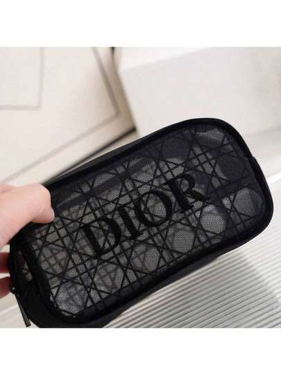 Christian Dior Black Portable High-End Textured Tartan Mesh Makeup Pouch Minimalist Toiletry Bag