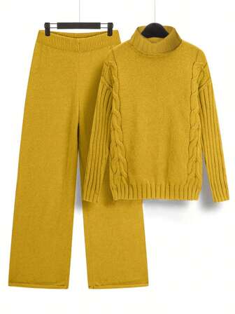 Plus Size 2pcs Set Solid Color Turtleneck Sweater & Knit Pants, Autumn/Winter
