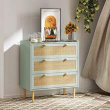 HOMCOM Chest Of Drawers/Sideboard With 3 Drawers, Boho Style, Rattan Look, Chest Of Drawers For Living Room, Bedroom, Light Blue 80 X 40 X 87.5 Cm - Baby Blue - View 7