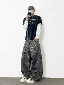 1 chiếc quần jeans ống rộng dáng suông thêu họa tiết phong cách American Vintage High Street, quần dài rộng rãi thoải mái (Không bao gồm thắt lưng và phụ kiện) - màu đen - Xem 6