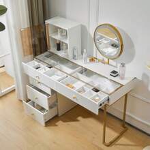 Dressing Table Set With LED-Illuminated Mirror, Transparent Tempered Glass Tabletop, Dressing Table Side And Cabinet, Elegant Furniture, White, Dimensions: 120 X 45 X 115 Cm (Without Stool) - White - View 3