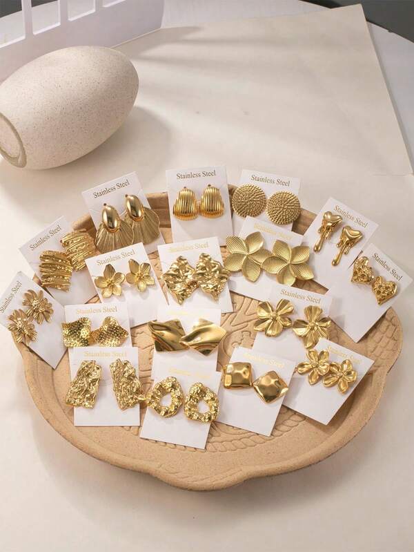 Set de 4 piezas/6 piezas de pendientes de botón dorados exagerados de acero inoxidable, 2 pares o 3 pares al azar, adecuados para uso diario de mujeres o como regalo