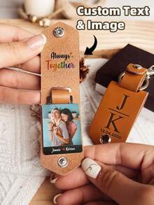 Personalised Photo Keyring In Leather Case + Initials, Photo Printing Personalized Pattern Logo Pendant, Valentine's Day Gifts, Father's Day Keepsake, Gift For New Dad - Multicolor - View 2