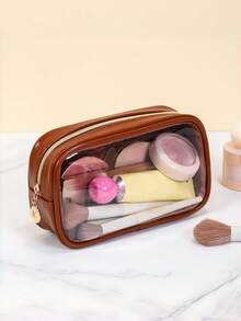 حقيبة مستحضرات تجميل جلدية شبه شفافة مخصصة - حقيبة أدوات تجميل محمولة باليد، عالية الجودة والمتانة، سعة كبيرة، تصميم بصري واضح، طباعة شعار مخصص، هدية رائعة لعشاق السفر