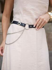 CINTO FEMININO BOHO VINTAGE DE COURO SINTÉTICO COM FIVELA ESTREITA COM PUNK ROCK ILHÓS COM CORRENTE 2023