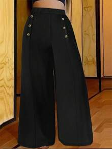 Pantalón largo de mujer de talla grande para otoño/invierno, de unicolor con botones, elegante, de corte ajustado, con estilo de pierna ancha, para ir a la oficina, banquetes, fiestas, bodas, Navidad - Negro - Ver 6