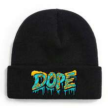 Abstract Dripping Text Art  'DOPE' On Dark Background Winter Beanie For Men Women Soft Warm Knit Hat Ski Stocking Cuffed Cap - 黑色 - 查看 1