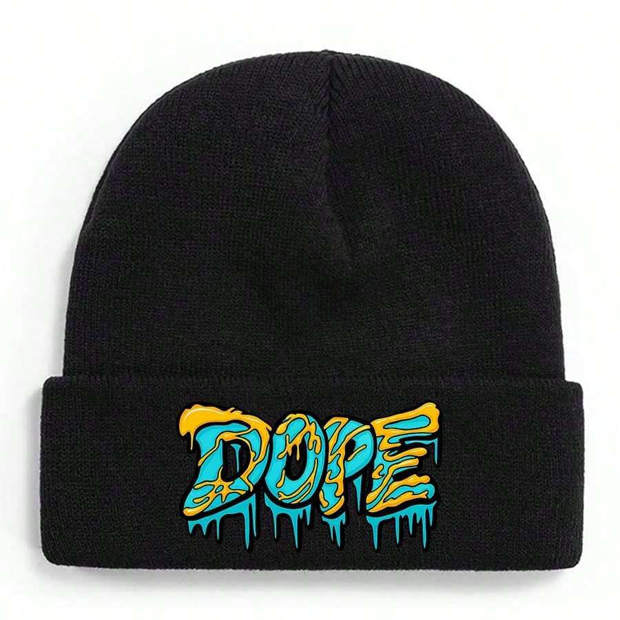 Abstract Dripping Text Art  'DOPE' On Dark Background Winter Beanie For Men Women Soft Warm Knit Hat Ski Stocking Cuffed Cap - 黑色 - 查看 1