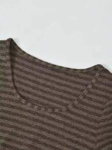 韩式条纹修身长袖T恤+吊带背心 - 咖啡棕 - 查看 5