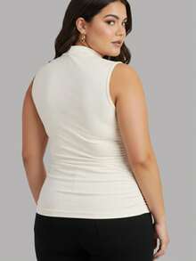 3-Piece Set: Women's Sleeveless Pleated Blouse, Plus Size, Tank Top, Suplex Fabric - 黑色,白色和棕色 - 查看 3