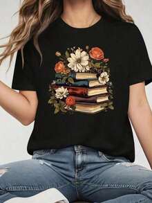 Women's Printed Blouse With Books And Flowers, 100% Cotton Shirt, Casual Spring/Summer T-Shirt With Flowers - 黑色 - 查看 2