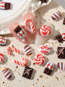 50 piezas/bolsa Decoración de uñas con temática navideña - Pegatinas 3D de bastón de caramelo, piruleta, caja de regalo de chocolate, adornos para manualidades navideñas. Juego de accesorios festivos para uñas para niñas o mujeres - Multicolor - Ver 3