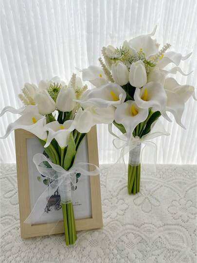白色郁金香和马蹄莲人造花束，伴娘花束，新娘花束，婚礼，仪式，周年纪念，春季家居装饰，摄影道具，餐桌摆饰，派对餐桌装饰，节日装饰，复活节礼物，生日，毕业典礼