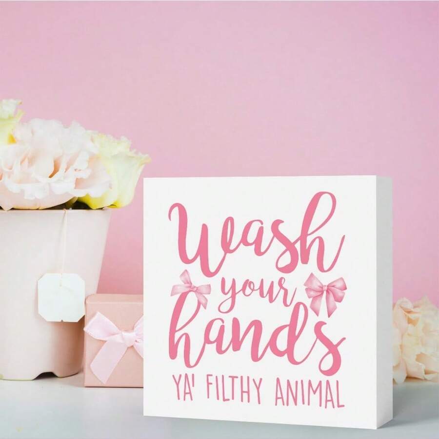 Pink Bow Bathroom Decor Wash Your Hands Bathroom Sign Pink Dorm Decor Girly Bowknot Signs For Home Dorm Wall  Rustic Wood Plaque Bathroom Signs For Bedroom, Dining Room, Kitchen, Bathroom, Coffee Bar, Office Desk Shelf Tabletop Wall Decor, 5x5 Inch - 洗手 - 查看 1