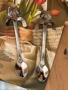 1pc Stainless Steel Cat Spoon Creative Cute Cartoon Hanging Cup Coffee Spoon Dessert Spoon Mug Hanging Mixing Spoon - Multicolor - View 2