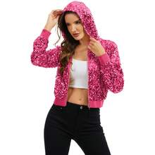 Women's Sequin Zip-Up Hooded Jacket With Ribbed Hem And Long Sleeves For Party Wear - Hot Pink - View 5