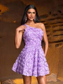 Faeriesty 春夏款单肩无袖迷你连衣裙，搭配迷你 A 字裙和 3D 花卉刺绣花朵 - 女士鸡尾酒会、婚礼、晚会、毕业晚会服装 - 紫丁香色 - 查看 7
