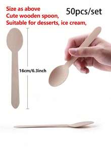 100 piezas Cucharas desechables de madera, cucharas desechables planas minimalistas, adecuadas para hogar, cocina, vajilla de fiesta, suministros escolares - Marrón - Ver 2