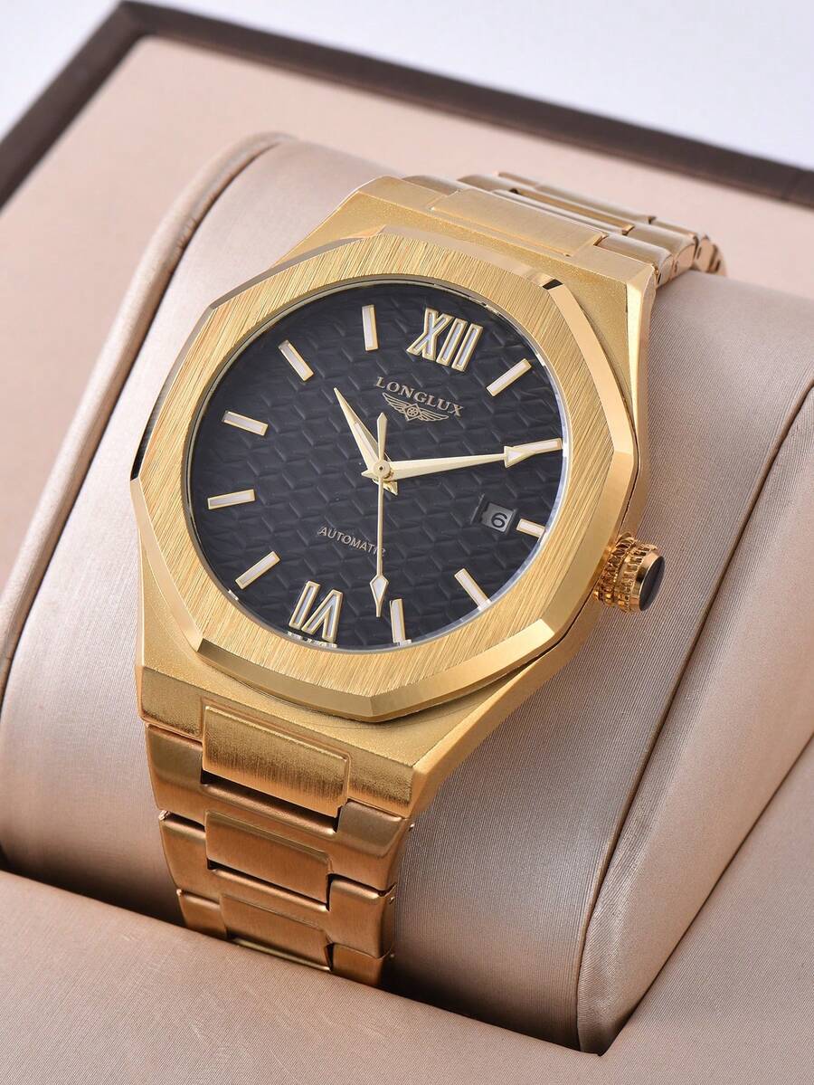LONGLUX 男士自动机械腕表，带日历功能，钢表带，蝴蝶扣，休闲商务两相宜。