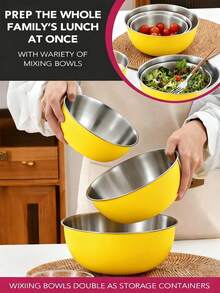3 Peças Conjunto de Tigelas de Mistura de Aço Inoxidável - Tigelas Encaixáveis para Cozinhar, Assar, Salada e Preparo de Refeições, Empilháveis, Duráveis e Fáceis de Limpar para Uso Diário na Cozinha - Conjunto amarelo de 3 peças - Visão 4