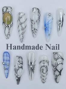 10pcs Chrome Plated Nail Art Set, Christmas Nail Art, Cute White Long Stiletto Acrylic Press-On Nails With 3D Swirl Line Art Cat Eye Gothic Punk Y2K Fake Nails, Striped Nail Art Design For Winter, Suitable As Wedding Gift For Women And Girls - White - View 3