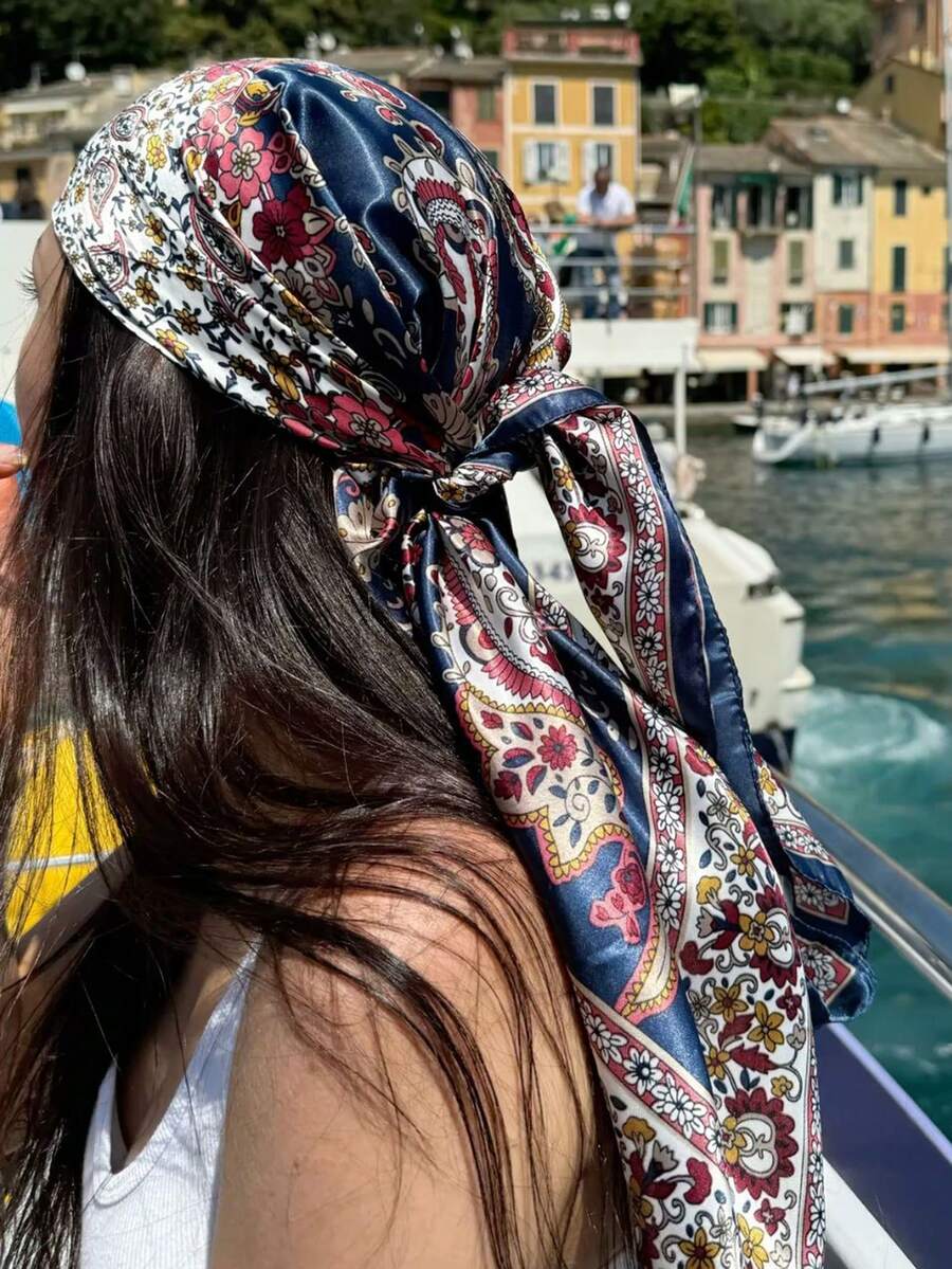 1pc Bohemian Style Vintage Paisley & Ditsy Floral Silk Bandana Scarf, Lightweight Breathable Shawl For Spring/Summer, Suitable For Daily & Outdoor Wear Hair Band Winter Hair Accessories Fashion Head Wrap Elegant Headband - Navy Blue - View 1