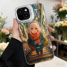 Cubierta de teléfono con diseño de anime para mujer color negro con estampado de chica con bufanda naranja en escena invernal ideal para uso diario y ocasiones casuales Aplicable a los teléfonos de la serie Apple y Galaxy - Negro - Ver 3