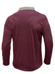 男士时尚长袖 Polo 衫，春秋季翻领纽扣亨利衫 - 酒紅色 - 查看 5