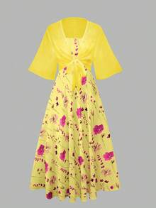 Bộ 2 món váy và áo khoác chiffon hoa thanh lịch dành cho nữ, trang phục lãng mạn cho buổi hẹn hò và kỳ nghỉ xuân. - Màu vàng - Xem 3