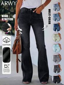 ARWY 褪色美式修身时尚百搭喇叭牛仔裤，女士款，优雅波西米亚风，适合日常、夜间外出、度假，也适合万圣节、复活节等场合，四季皆宜，黑色春季休闲款 - 黑色 - 查看 3