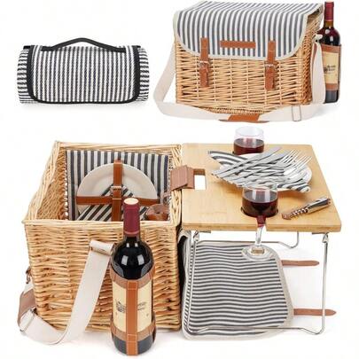 Wicker Picnic Basket For 2 With Detachable Table Elasticated Wine Holder Shoulder Carrying Willow Picnic Hamper Set With Premium Tableware And Blanket For Outdoor Wedding Anniversary Birthday Gift