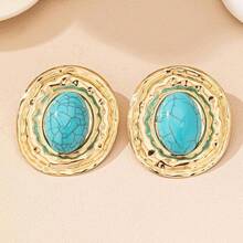Chunky Gold Turquoise Statement Earrings Women,Vintage Big Oval Dangle Drop Earrings,Boho Exaggerated Western Jewelry Accessories - màu ngọc lam - Xem 2