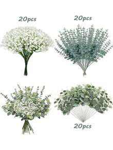 15/30/60 Pcs 3 Kinds Babys Breath Mixed Eucalyptus Leaves Artificial Flowers For Wedding Vase Bouquet Floral Arrangement Decor Gifts Birthday Graduation,Fake Plants