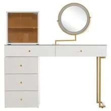 Dressing Table Set With LED-Illuminated Mirror, Transparent Tempered Glass Tabletop, Dressing Table Side And Cabinet, Elegant Furniture, White, Dimensions: 120 X 45 X 115 Cm (Without Stool) - White - View 5