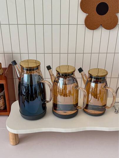 Glasoljekanna med stor kapacitet, olivoljedispenser, lock i rostfritt stål med våg och handtag, silikonmunstycke och halkfri bas, används för olivolja, vinäger, sojasåsdispenserflaskor, lämplig för kök, airfryer, wok, grill, sallad